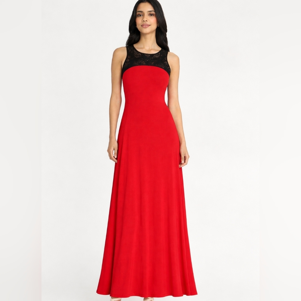 Bebe Red Maxi Dress with Black Lace Detail And Swarovski Crystal Logo Size M